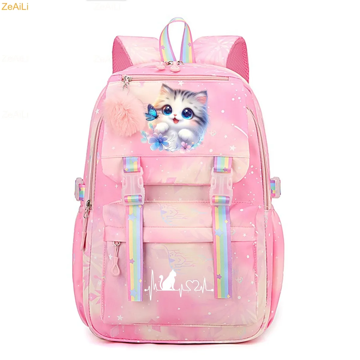 sac à dos pour femme, enfant, adolescent, motif chat noir mignon, fleur et papillon, idéal pour l'école
