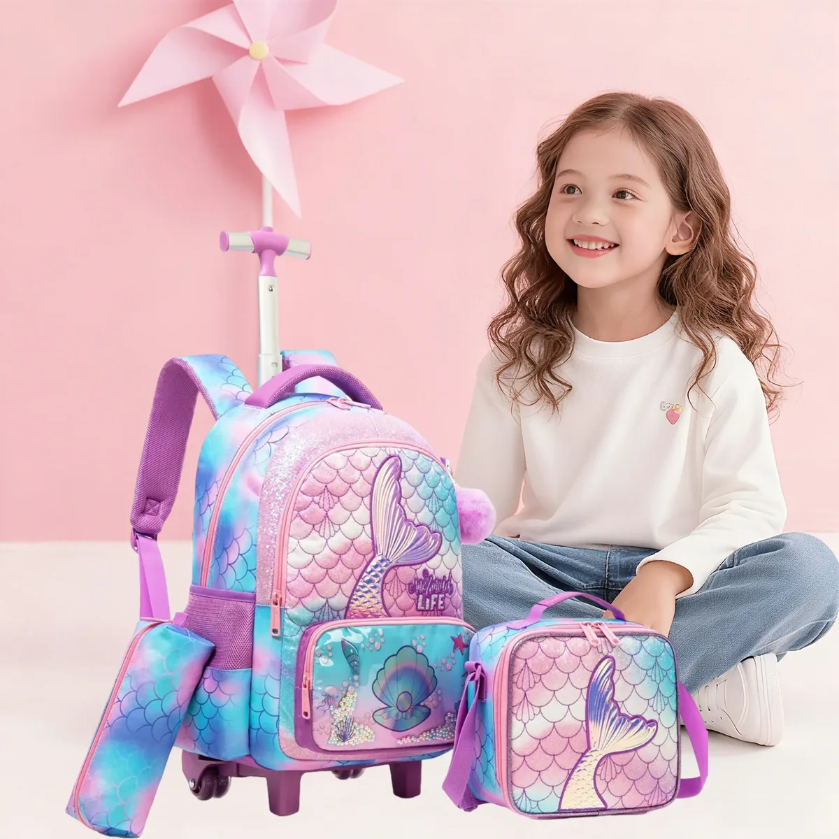 sac à dos roulant sirène mignon pour fille enfants valise de voyage avec roues étudiant primaire bagage à main garçons sac à dos à roulettes