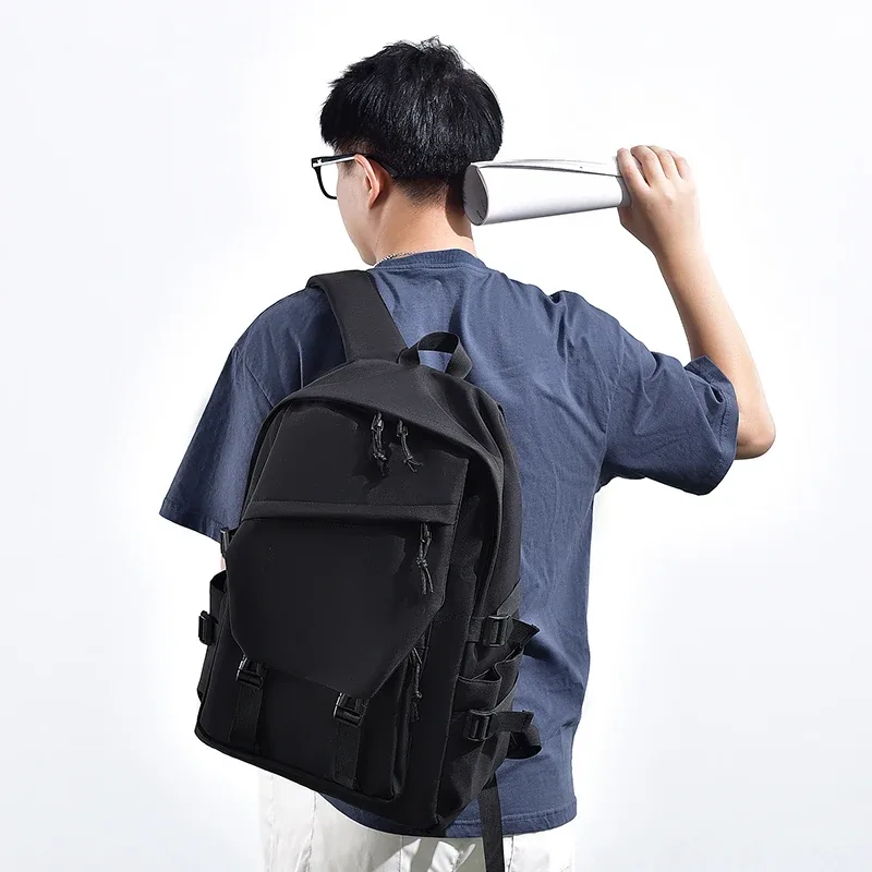sac à dos simple pour homme en polyester imperméable de 15 pouces, couleur unie, tendance, pour couple, étudiant, ordinateur portable