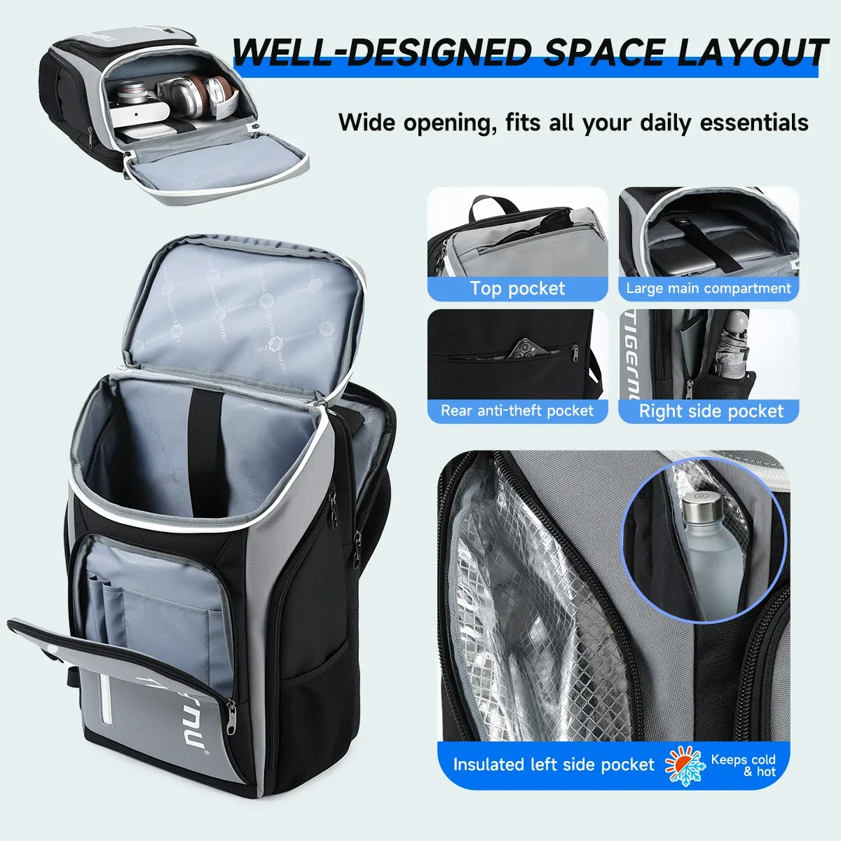 Sac à dos de sport Tigernu pour hommes, sacs de sport de plein air pour le badminton, sac à dos décontracté pour hommes pour les voyages, sacs d'école, sac à dos de randonnée