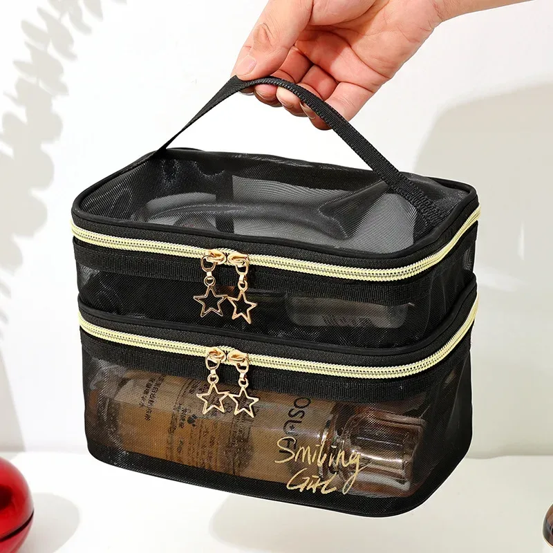 trousse de maquillage en maille noire de grande capacité pour femme, trousse de toilette décontractée à fermeture éclair, sac à cosmétiques de voyage