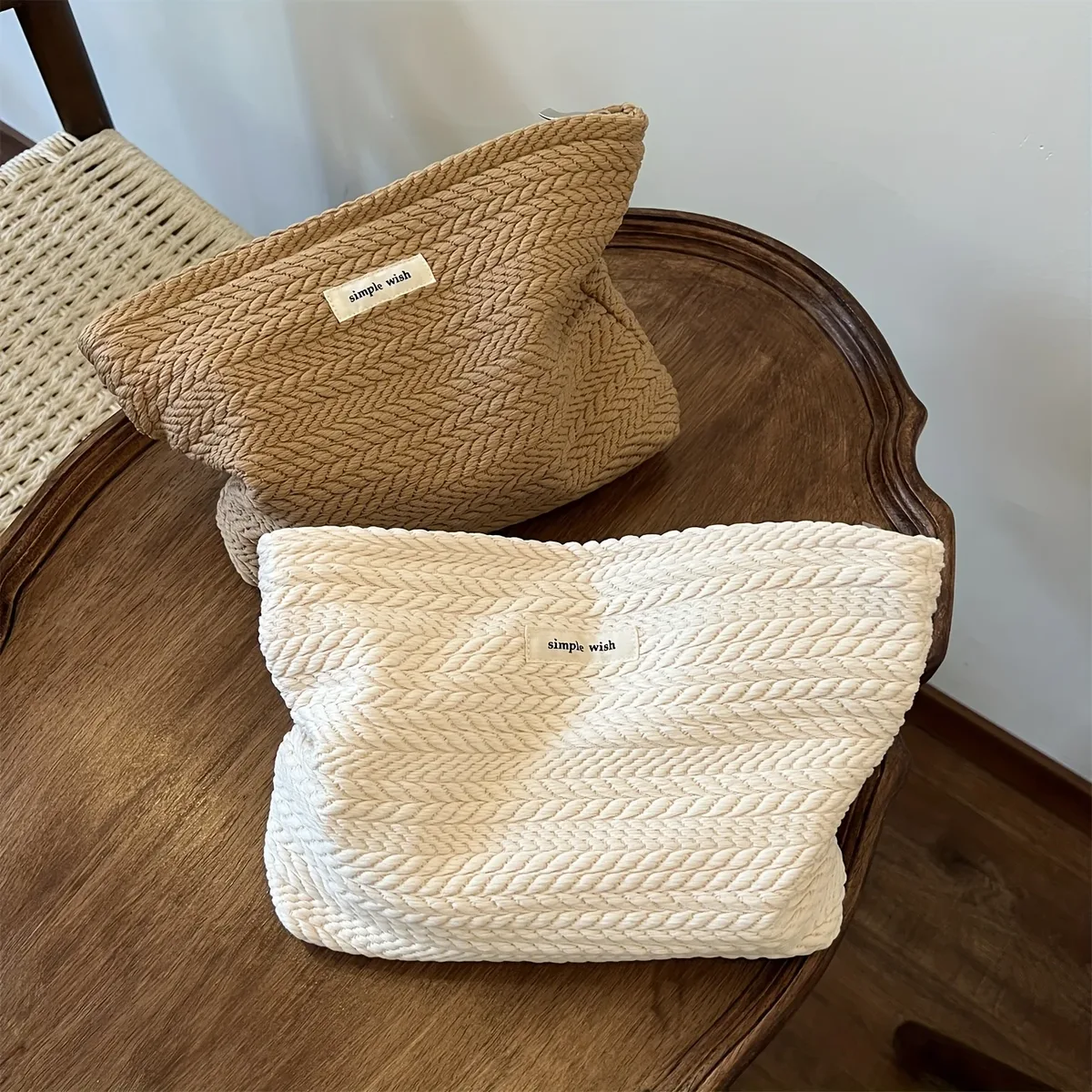 pochette cosmétique tissée avec fermeture éclair - motif grain de riz, trousse de maquillage portable, organiseur de rangement de voyage pour femmes, léger