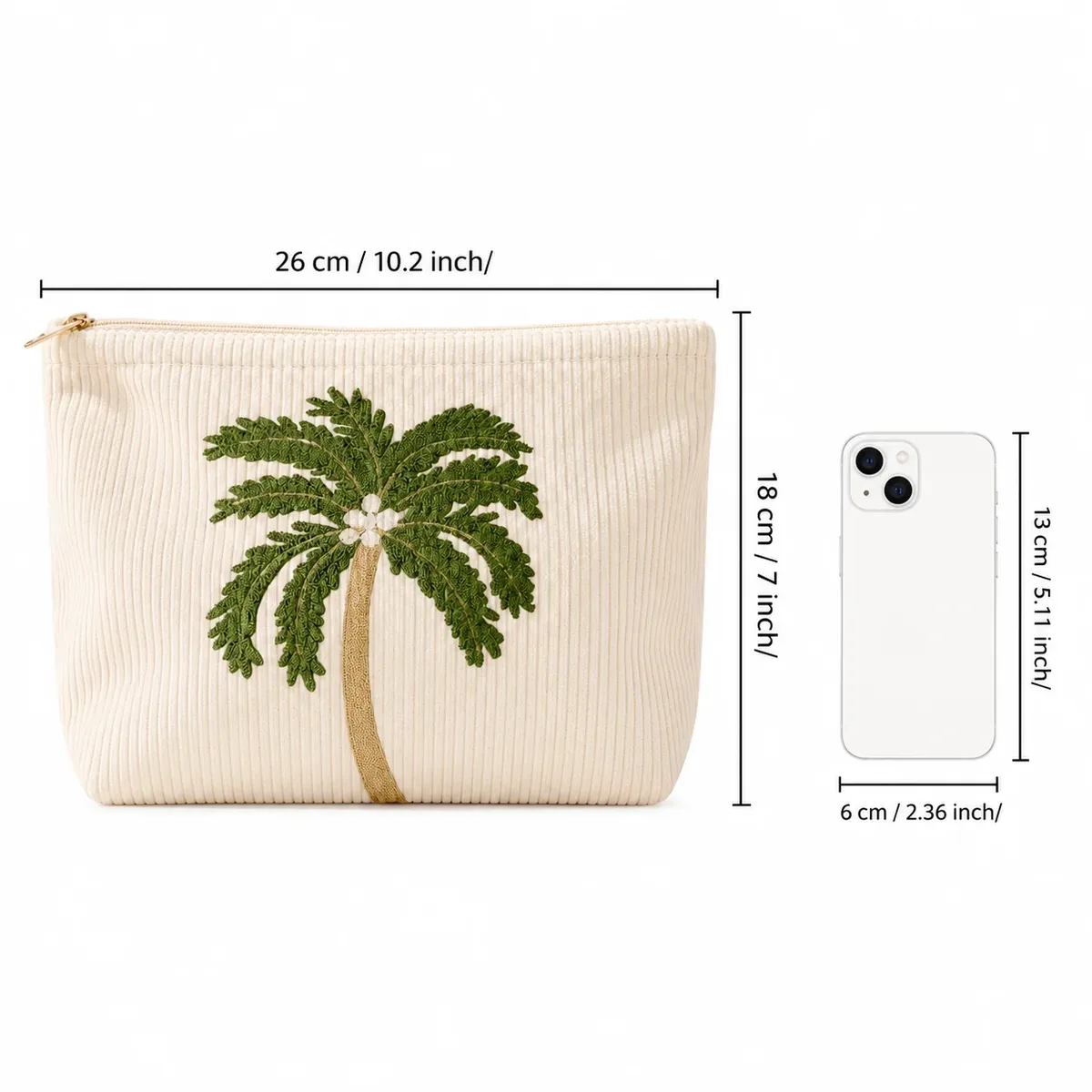 pochette de maquillage en velours côtelé brodée de palmiers tropicaux, trousse de toilette souple à fermeture éclair pour femme, organiseur de voyage pour vacances à la plage