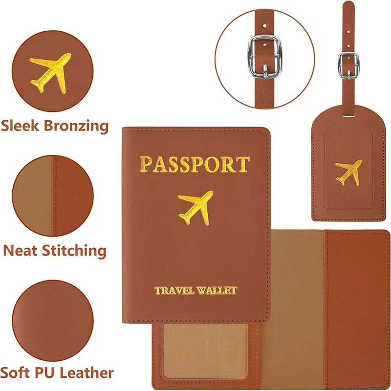 couverture de passeport de voyage en pu, étiquette d'identification de valise, sac d'embarquement, nom, adresse, porte-passeport, 2 pièces/ensemble
