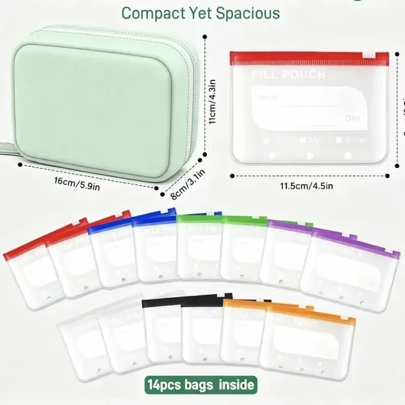 ensemble de sacs de voyage imperméables, 14 pochettes de rangement réutilisables avec fermeture éclair et étui compact, organisateur anti-fuite pour compléments alimentaires quotidiens