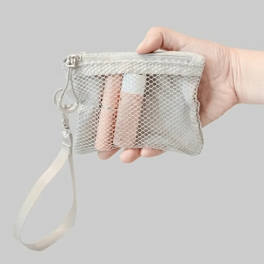 sac de rangement léger en maille, sac cosmétique en polyester de couleur unie avec fermeture éclair, porte-monnaie multifonctionnel, sac de rangement de voyage
