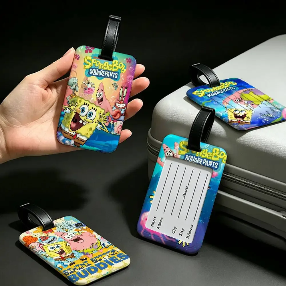 étiquette d'identification de bagage anti-perte en pvc, motif classique de dessin animé s-spongebob, avec porte-carte d'informations amovible, étiquette de bagage de voyage.