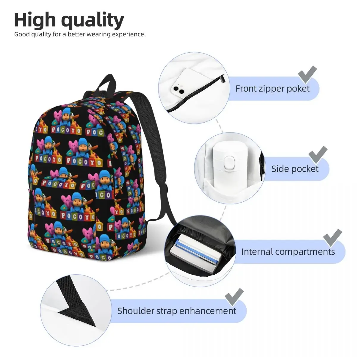 pocoyo étudiant sac à dos sac d'école randonnée voyage sac à dos pour hommes femmes mode bookbag sacs à bandoulière