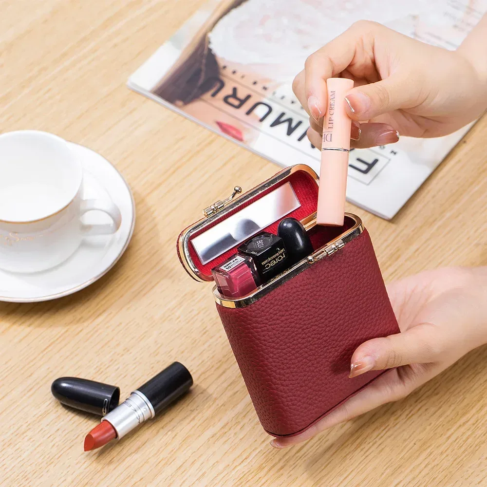 mini trousse de maquillage portable en cuir simple pour femmes, rangement miroir, usage personnel, petits étuis à rouge à lèvres, sacs à cosmétiques