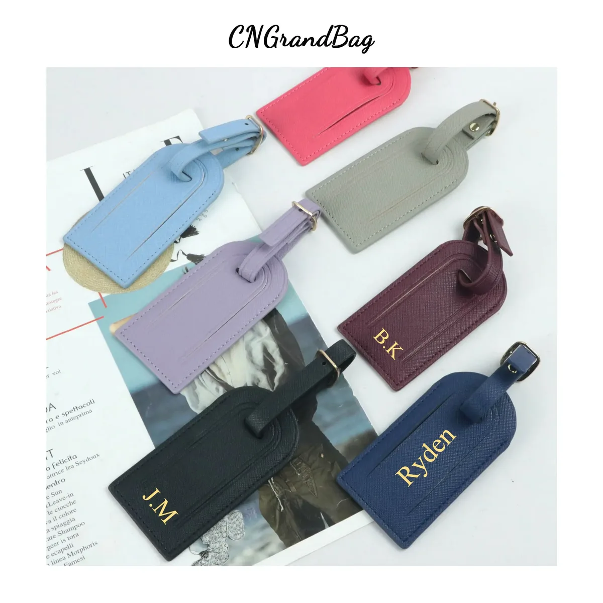porte-passeport de voyage avec nom personnalisé gratuit, ensemble d'étiquettes de bagage en cuir saffiano, let