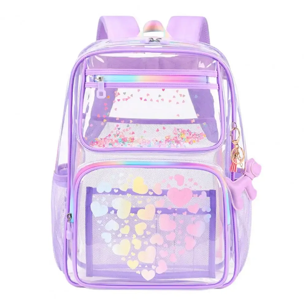 sac à dos transparent pour l'école, sac à dos imperméable avec imprimés en forme de cœur, compartiment principal, poches avant à fermeture éclair pour garçons et filles