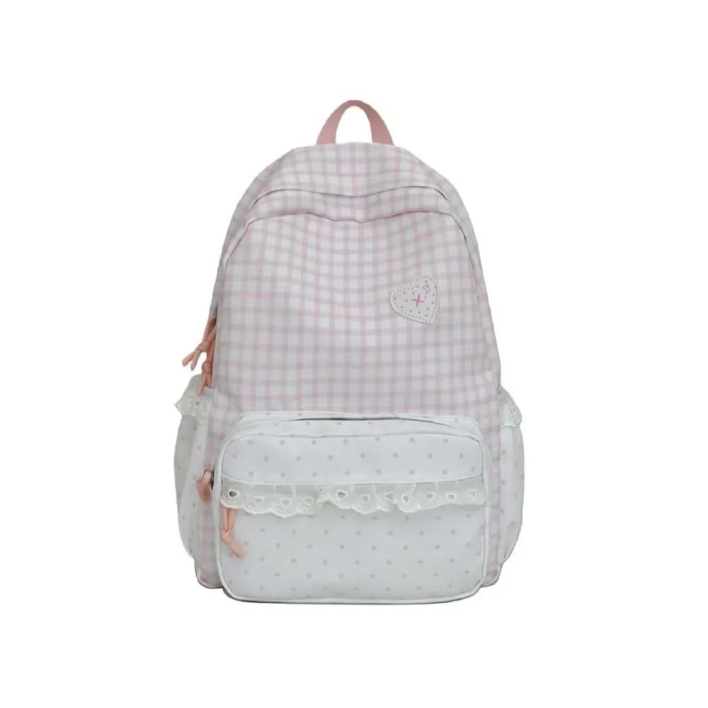 sac à dos coréen à carreaux gingham, design à volants, couleurs pastel, sac d'école en dentelle, bretelles réglables, sac à dos à pois et à carreaux pour le quotidien et les voyages