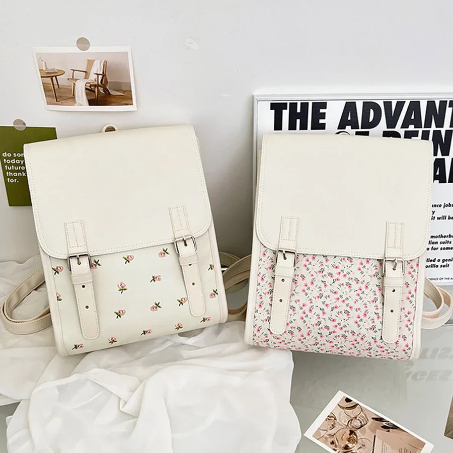 sac à dos à rabat en cuir pu pour femmes et filles, sac d'école à fleurs, sac de voyage d'université, sac à bandoulière pour usage quotidien