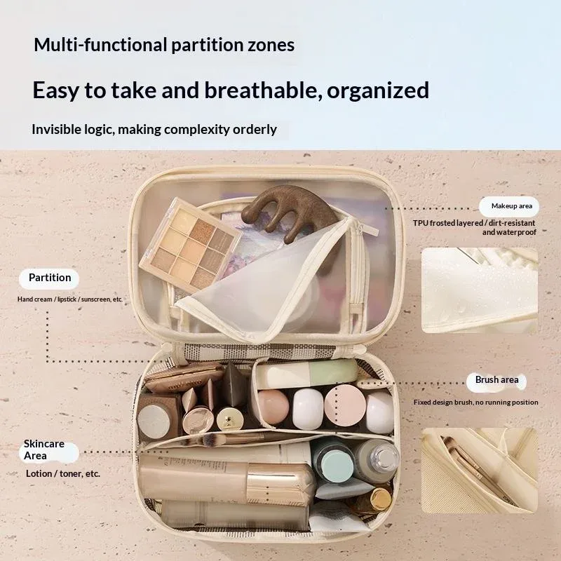 sac de voyage cosmétique et de maquillage tendance avec fermeture éclair, motif lettres en maille, durable, grande capacité, portable, respirant et à compartiments