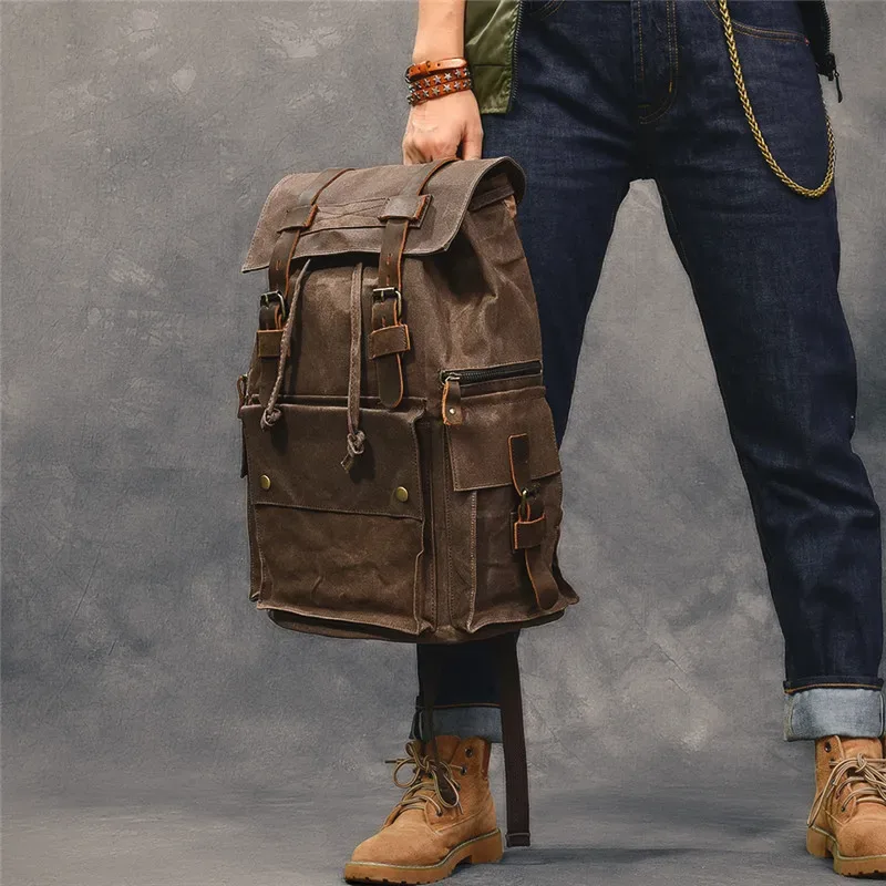 sac à dos vintage en toile et cuir group pour homme, cartable imperméable de grande capacité, en cuir de vache, pour voyage en plein air