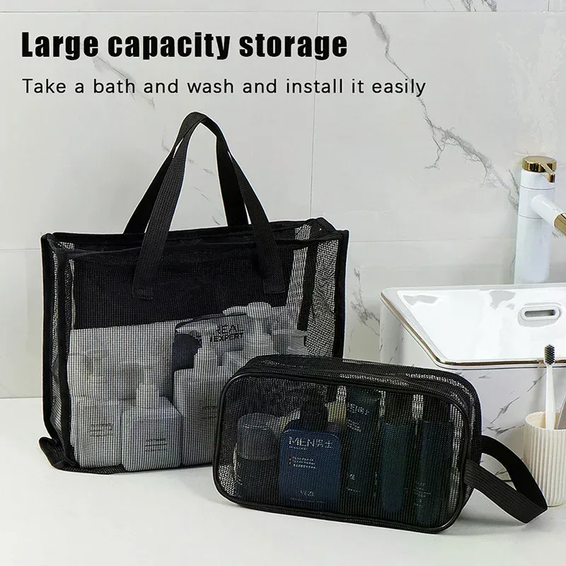 sac de rangement portable pour douche corporelle, lavage de voyage ; pochette cosmétique de maquillage en maille de grande capacité ; sacs à main de toilette polyvalents.