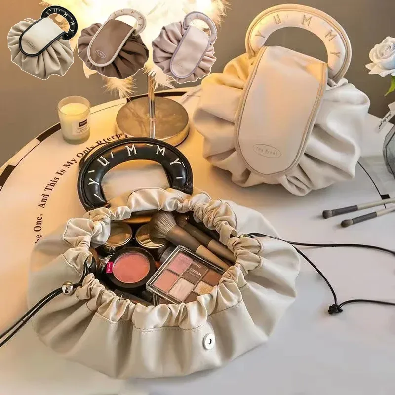 trousse de maquillage portable pour usage quotidien, trousse de toilette de voyage de grande capacité pour femmes, pochette de rangement de cosmétiques à cordon de serrage pour dames