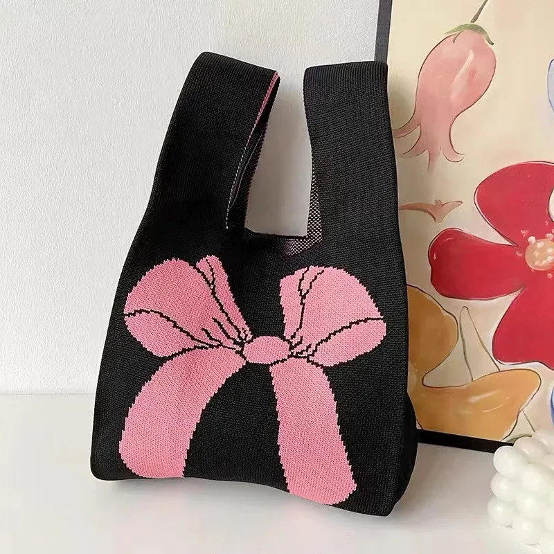sac à main en tricot fait à la main pour femme, mini sac de poignet à nœud, sac fourre-tout à carreaux à large rayure, sacs à provisions réutilisables pour étudiants, document décontracté japonais
