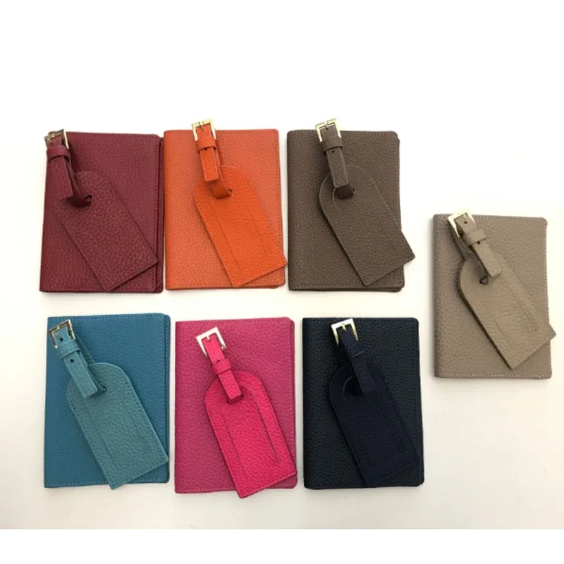 pebble style top layer of cowhide simple portable passport holder travel passport clip anti loss luggage tag gift box packaging