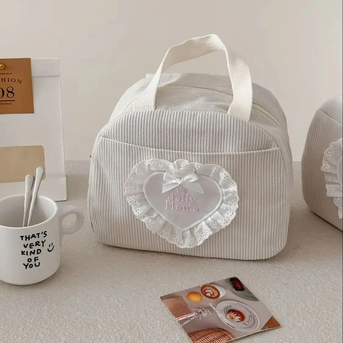 Sac à main grande capacité YT Commuting en velours côtelé avec dentelle et cœur, sac isotherme pour le déjeuner, nouveau sac de rangement pour étudiants et travailleurs