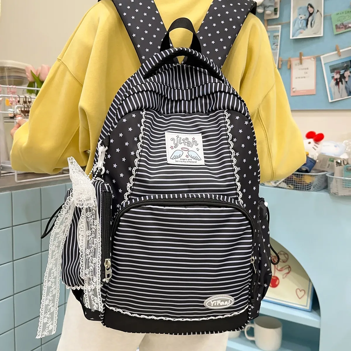 cartable d'étudiant mignon rayé et en forme d'étoile, pendentif de porte-monnaie mignon pour les déplacements et l'extérieur, sac à dos léger de voyage