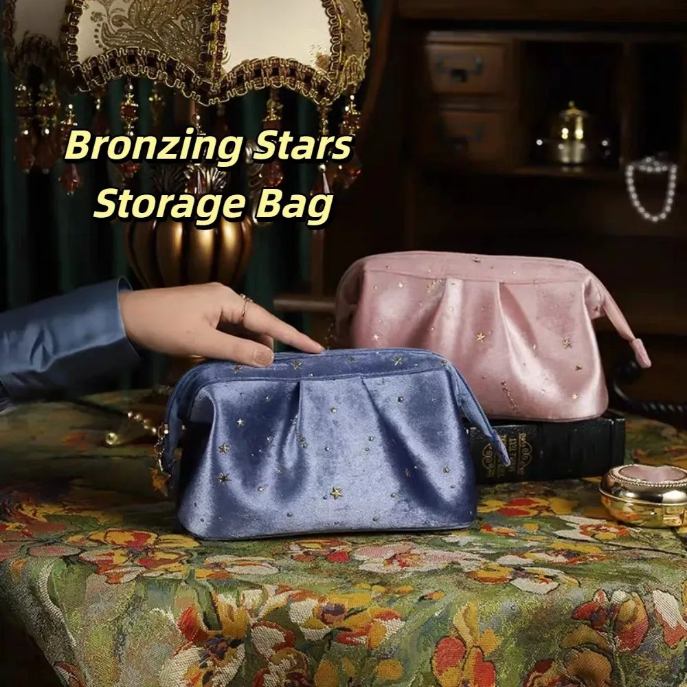 trousse de toilette de voyage en velours bronzing stars avec fermeture éclair, grande capacité, sac à main et sac de rangement de bureau pour produits de toilette