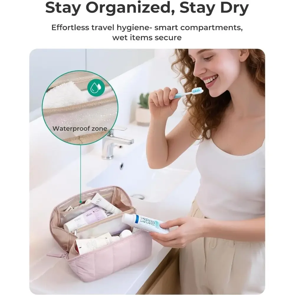sac de maquillage portable de voyage, résistant à l'eau, rembourré, organisateur de maquillage, grande capacité, s'ouvre à plat, trousse de toilette pour femmes
