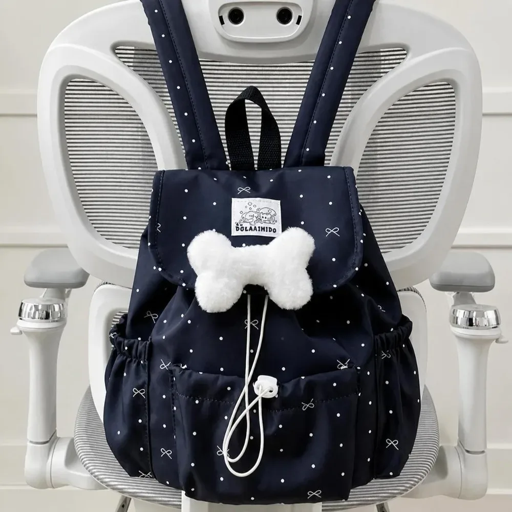 sac à dos à cordon de serrage à pois, grande capacité, ultra léger, double bandoulière, en nylon, avec nœud papillon, pour femme