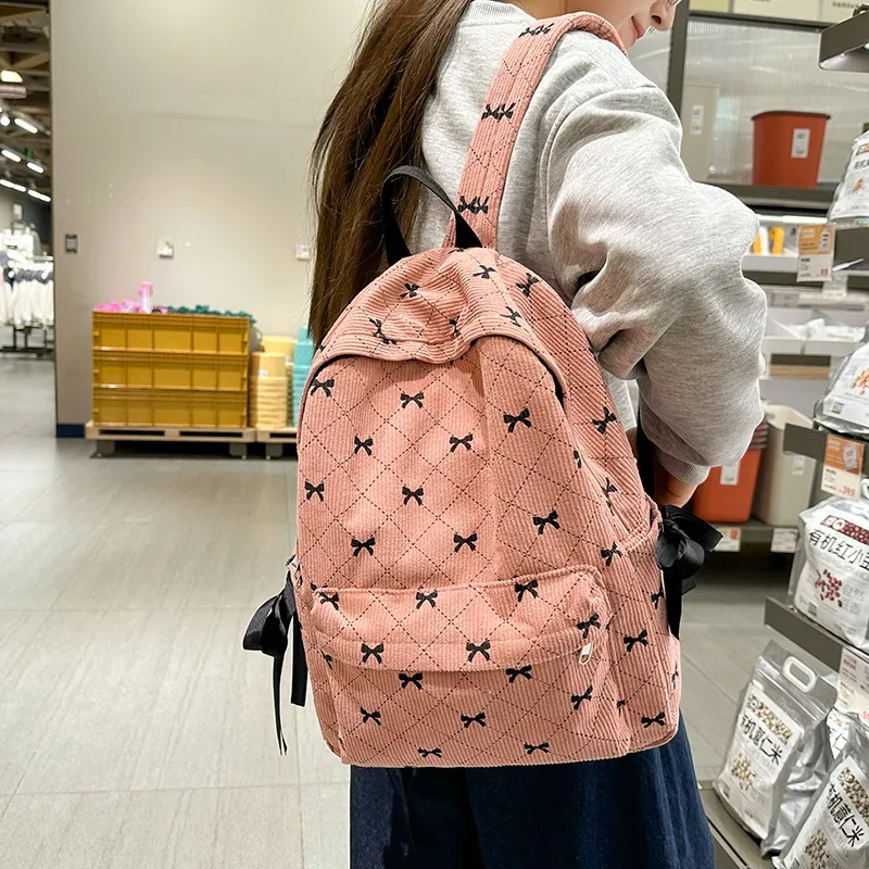 sac à dos avec nœud en velours côtelé pour étudiantes, pour lycéennes, joli sac à dos pour collège, automne et hiver