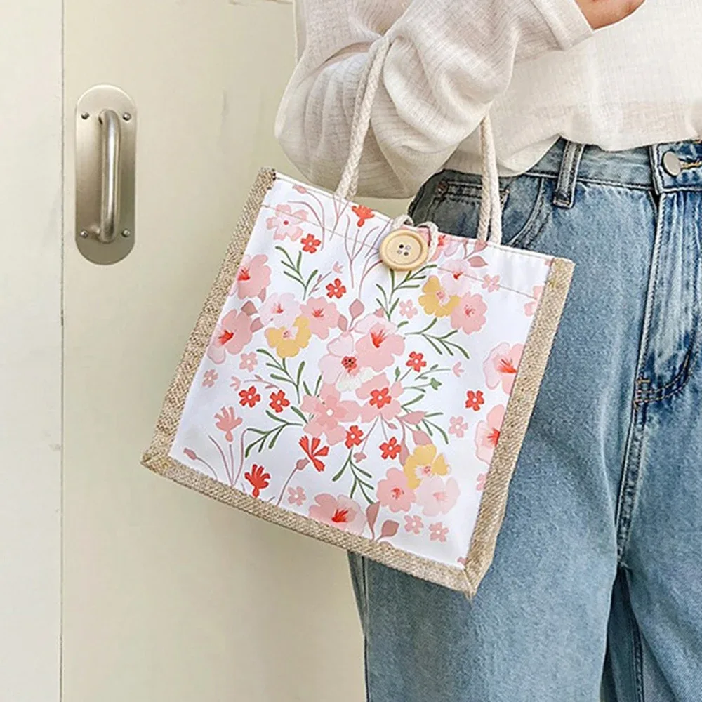 sac fourre-tout en lin avec fermoir à bouton, sac à lunch en poudre, sac fourre-tout, sac à main à bento, impression de fleurs mignonnes, sac à bento alimentaire pour pique-nique