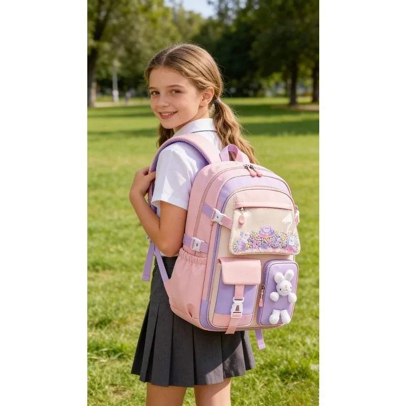 sac à dos scolaire en tissu oxford, polyester imperméable, mignon, à motif de dessin animé, pour filles, protection de la colonne vertébrale, sac à dos quotidien pour le campus et les trajets