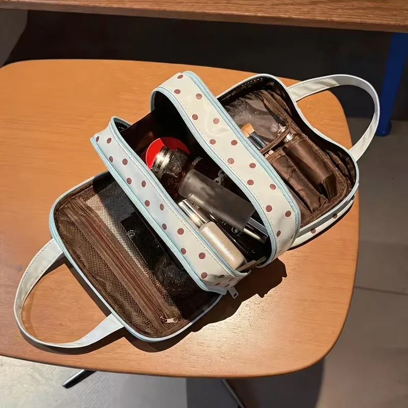 sac de maquillage portable pour femme avec pois menthe, compartiment à trois couches, sac de rangement cosmétique portable de grande capacité pour les voyages