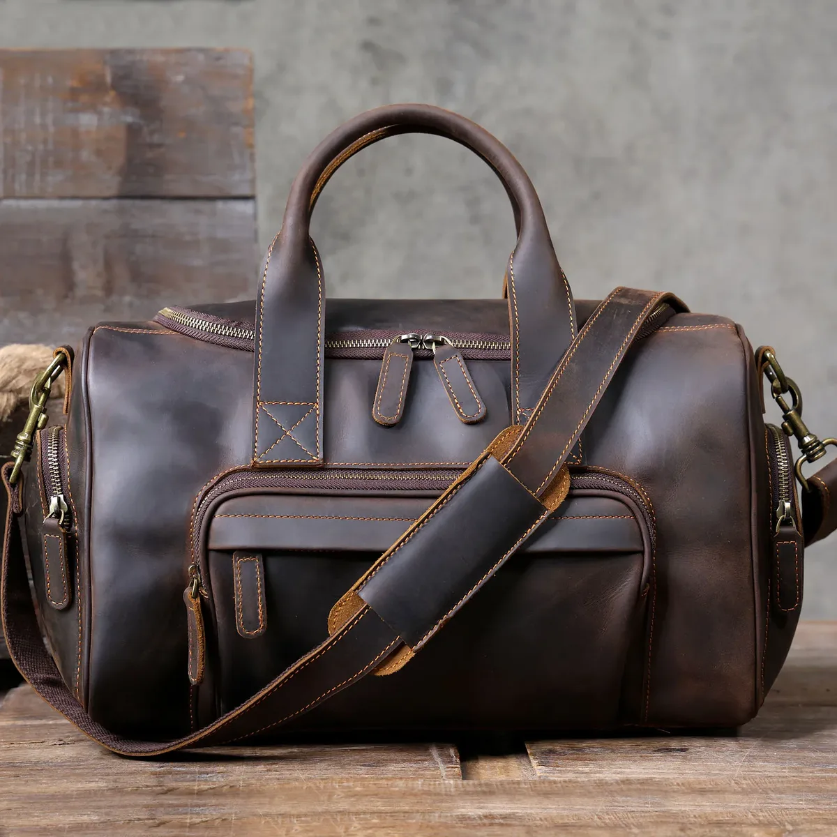 s.worker vintage sac de voyage en cuir véritable crazy horse cuir de vachette sac polochon sac de week-end pour hommes sac de sport bagage à main