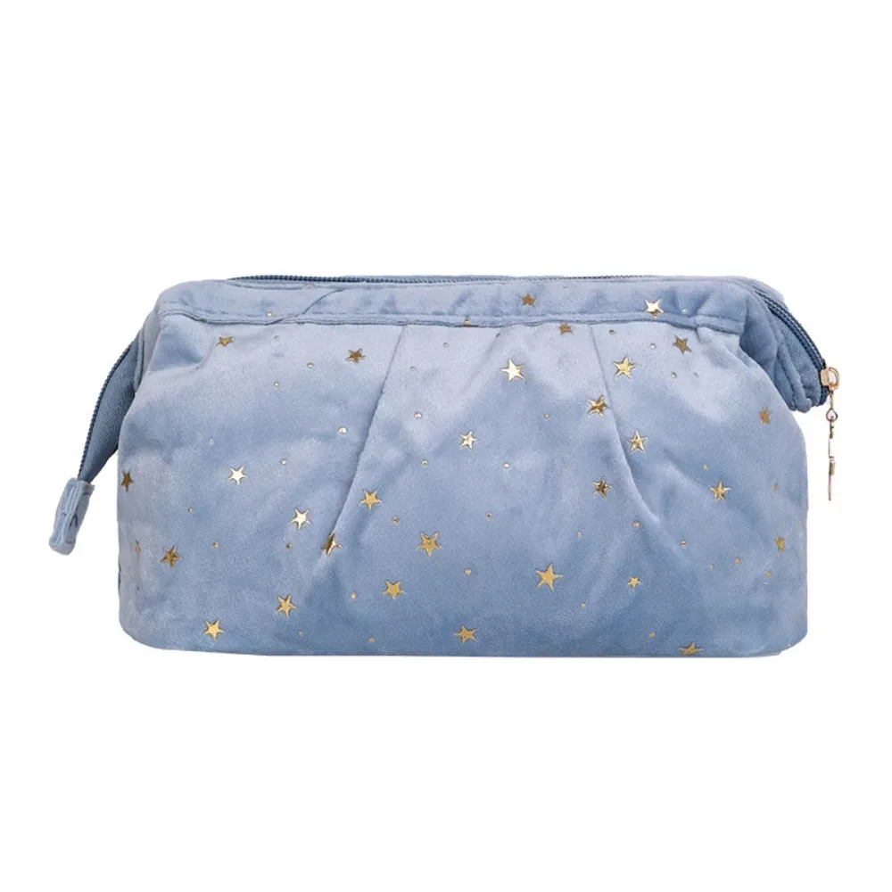 trousse de toilette de voyage grande capacité en velours motif étoiles bronzées, sac de rangement cosmétique en forme de coquille cubique pour femme