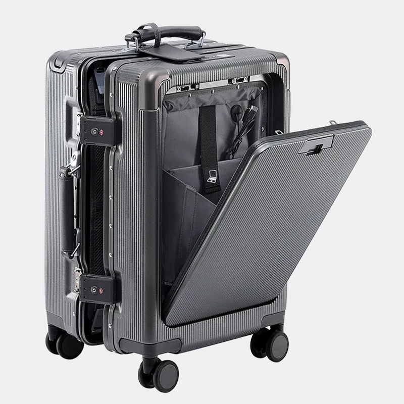 valise à roulettes de voyage d'affaires multifonctionnelle avec cadre en aluminium à ouverture frontale de 20 pouces, serrure à combinaison et poignée télescopique large
