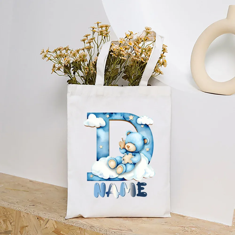 sacs fourre-tout en toile college nuage ours et alphabet personnalisés, sacs à main personnalisés de grande capacité, cadeaux de portabilité pour la rentrée scolaire