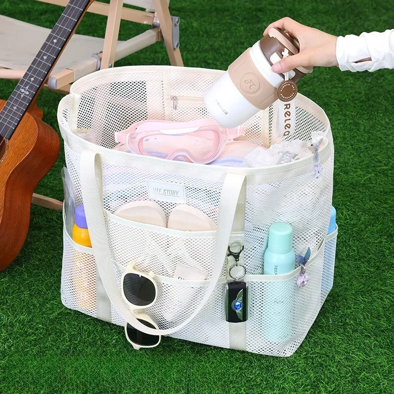 Sac de plage en maille respirante avec plusieurs poches de rangement, grand format, séchage rapide, imperméable, sac à bandoulière pour les sports d'été en plein air