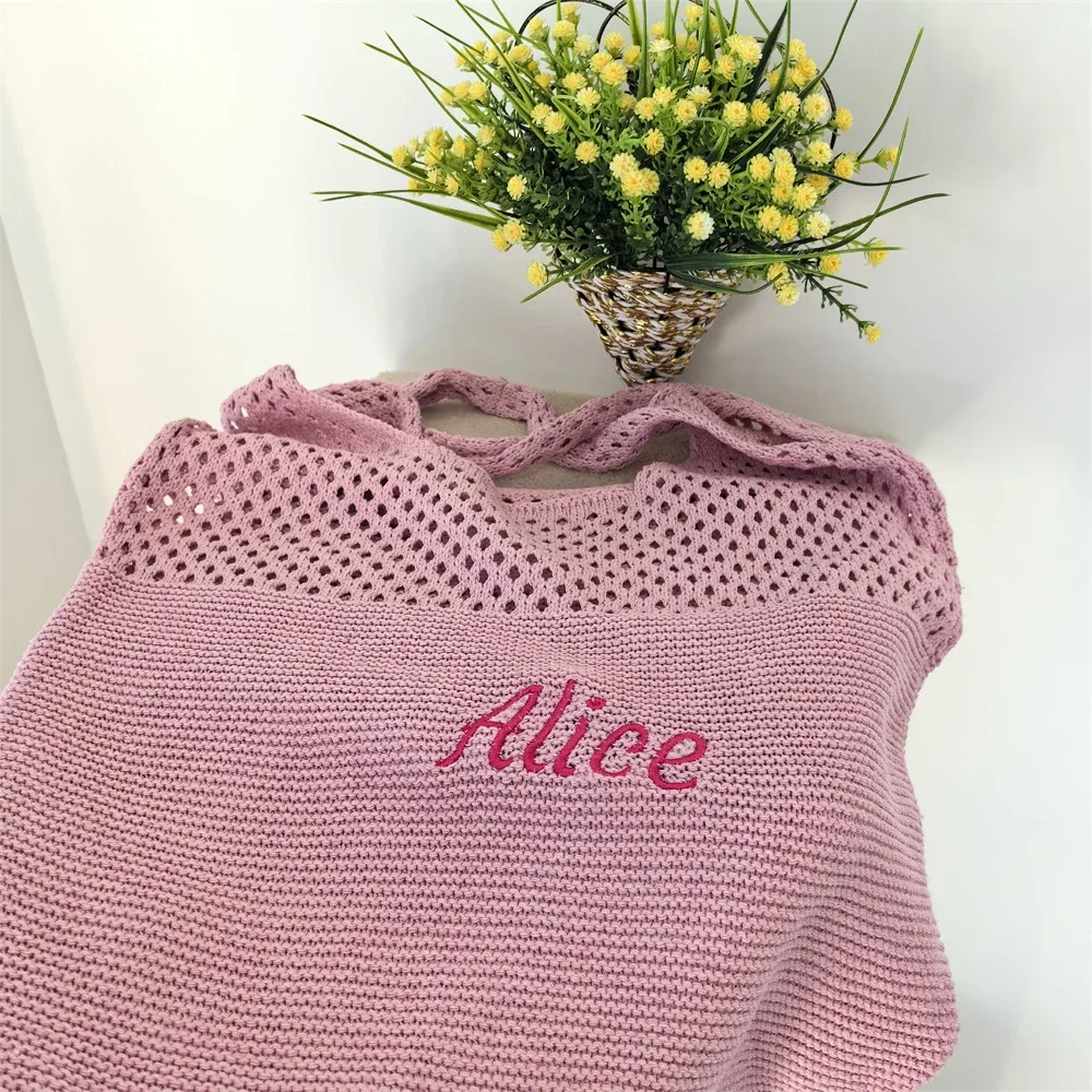 sac fourre-tout en laine tricoté de couleur unie, nom personnalisé, sac de shopping pour femmes, sac à main rétro ajouré, sacs à main doux brodés personnalisés