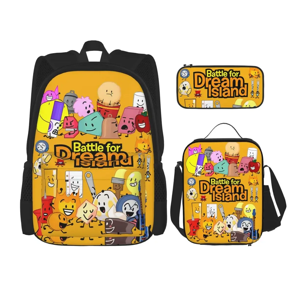 bfdi bfb et tpot bataille pour dream island dessin animé 3pecs/ensemble sac à dos pour adolescent ordinateur portable sac à bandoulière sac à déjeuner trousse à crayons