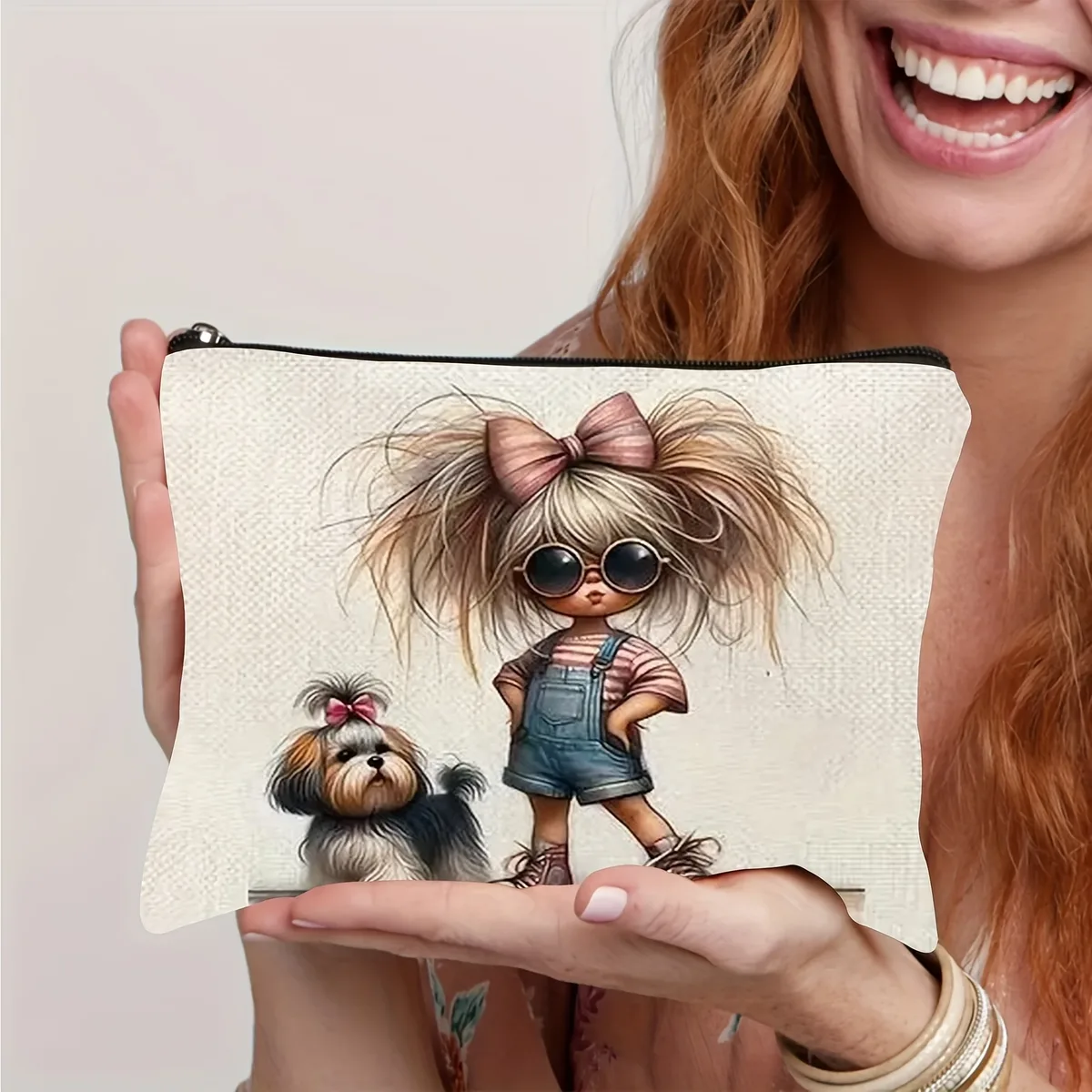 pochette de rangement de maquillage avec personnage de dessin animé mignon, sac à cosmétiques durable pour femmes et filles, trousse à crayons, sac de rangement d'accessoires