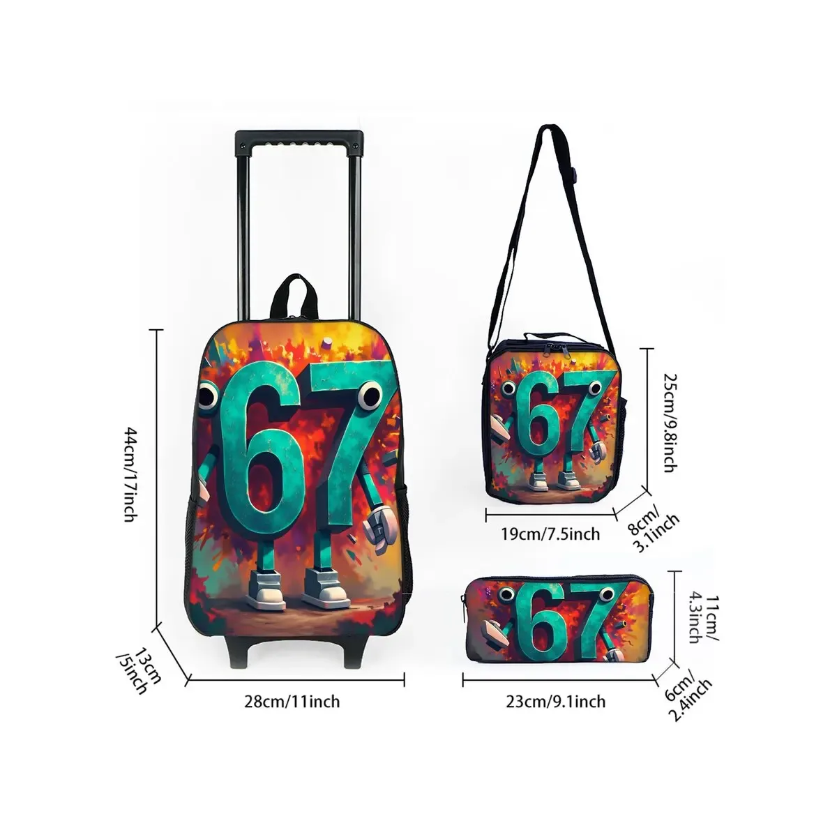 Ensemble de sacs à roulettes noirs numéro 67 colorés, avec boîte à déjeuner, sac à stylos avec roulettes, sac à dos de chariot d'école pour filles/garçons