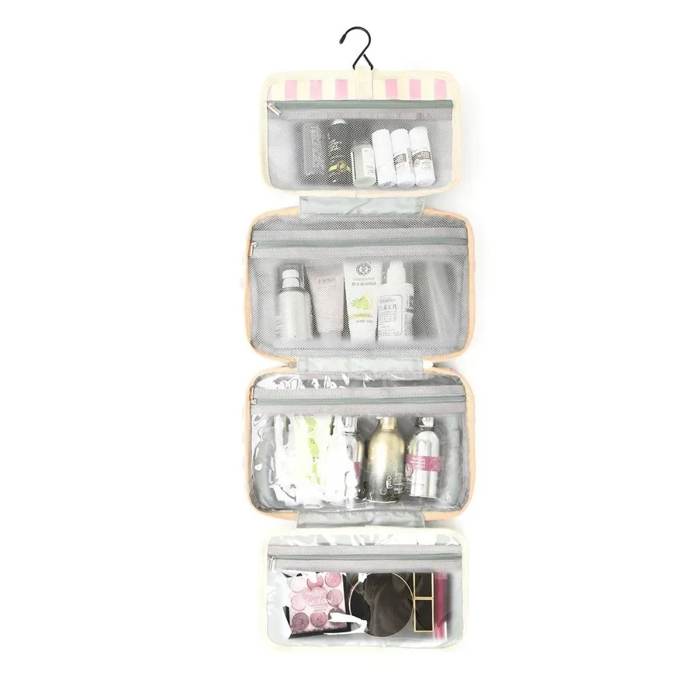 sac de toilette de voyage portable suspendu, pliable en 4, avec crochet, organisateur de cosmétiques, grande capacité, sac de cosmétiques rayé, pour l'extérieur