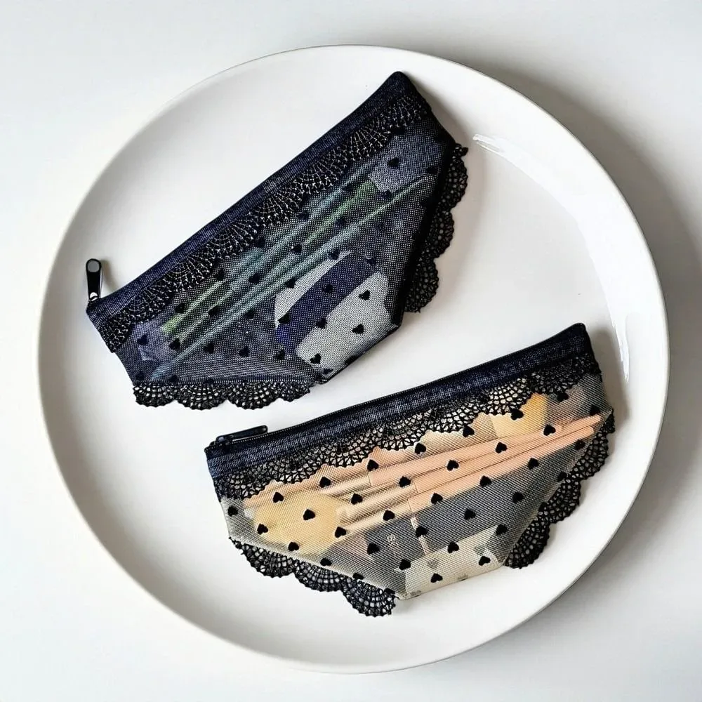 pochette de rangement cosmétique unique en forme de cœur en dentelle transparente, trousse de toilette y2k en maille pour le voyage