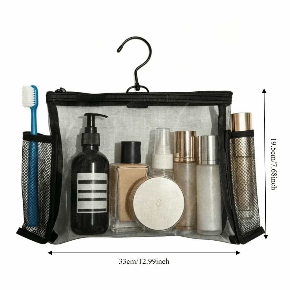 sac de toilette en maille avec crochet, organisateur de maquillage de voyage, fermeture éclair transparente, étui de rangement pour les sorties