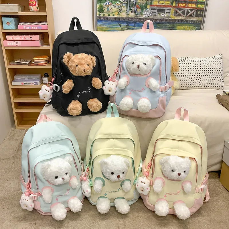 sac à dos scolaire grande capacité pour adolescentes, motif ours en peluche mignon et kawaii, idéal pour les collégiennes