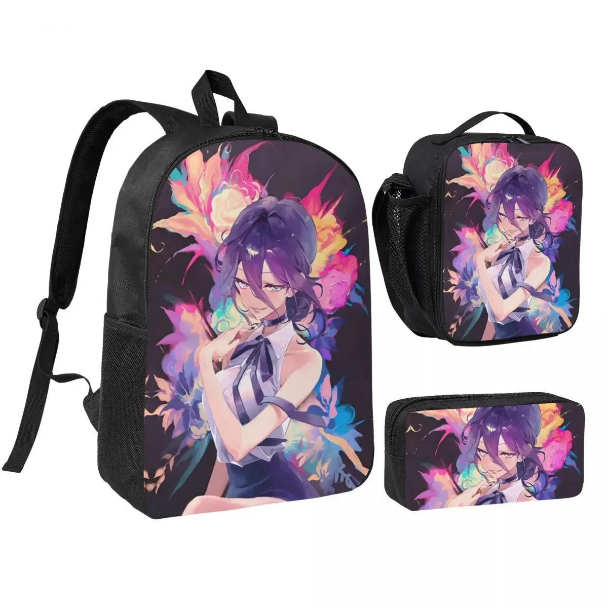 anime tronçonneuse homme 3pecs/ensemble sac à dos pour étudiant ordinateur portable sac à bandoulière sac à déjeuner trousse à crayons