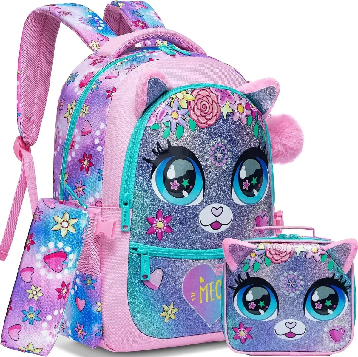 lot de 3 sacs à dos pour filles, sac d'école mignon avec boîte à lunch et trousse à crayons, sacs à dos pour enfants du primaire, sacs pour la rentrée scolaire