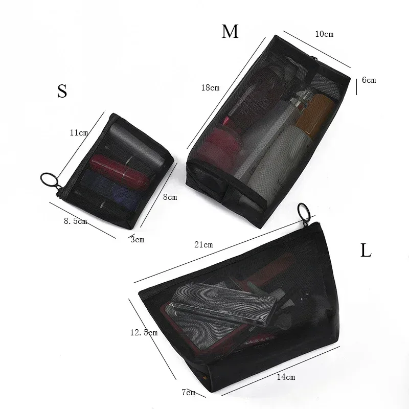 sacs à cosmétiques transparents en maille, petite et grande trousse de maquillage noire, trousse de toilette de voyage, rouge à lèvres, stockage de poudres