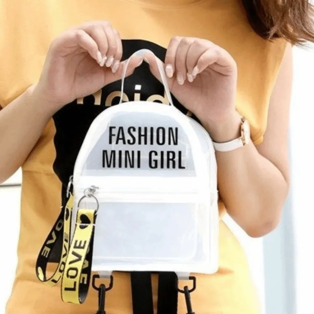 Sac à dos mini transparent imperméable, tendance, idéal pour les festivals, en PVC, couleur unie avec motif de lettres.