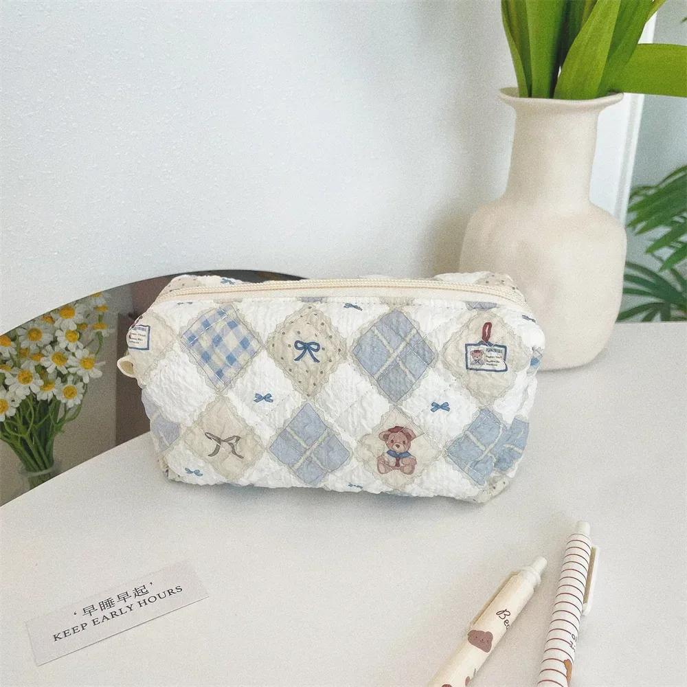petit sac à cosmétiques pour femme, trousse de maquillage, sacs de rangement portables, pochette en coton pour femme, joli ours de dessin animé, fleur rose